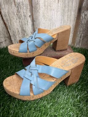 Kork-Ease Charis Woven Leather Cork Platform Slide Sandals Light Blue Women's 8